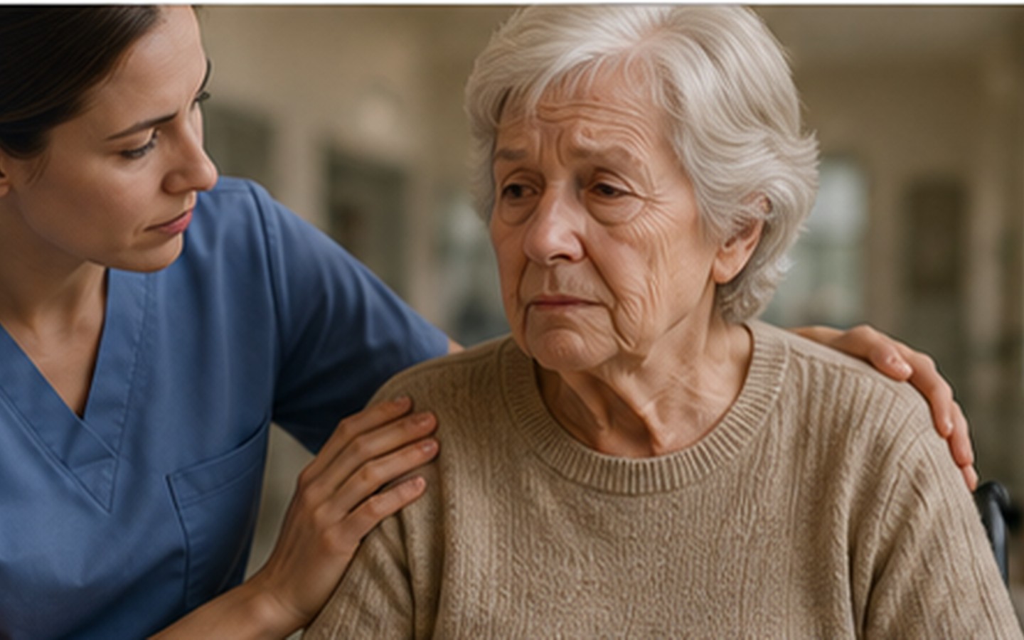 Caregiver supporting an elderly nursing-home resident
